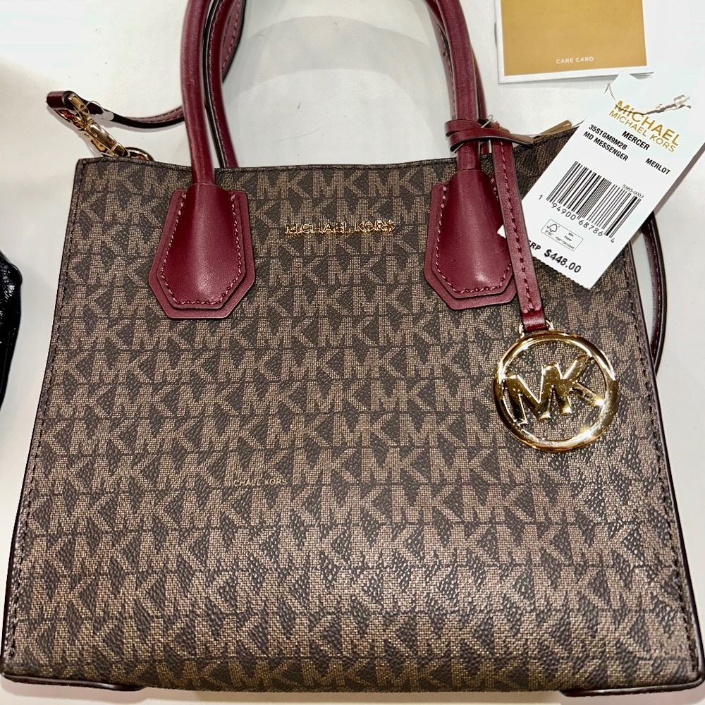 Michael Kors Mercer Medium Messenger Satchel Brown MK Logo Merlot Leather Crossb